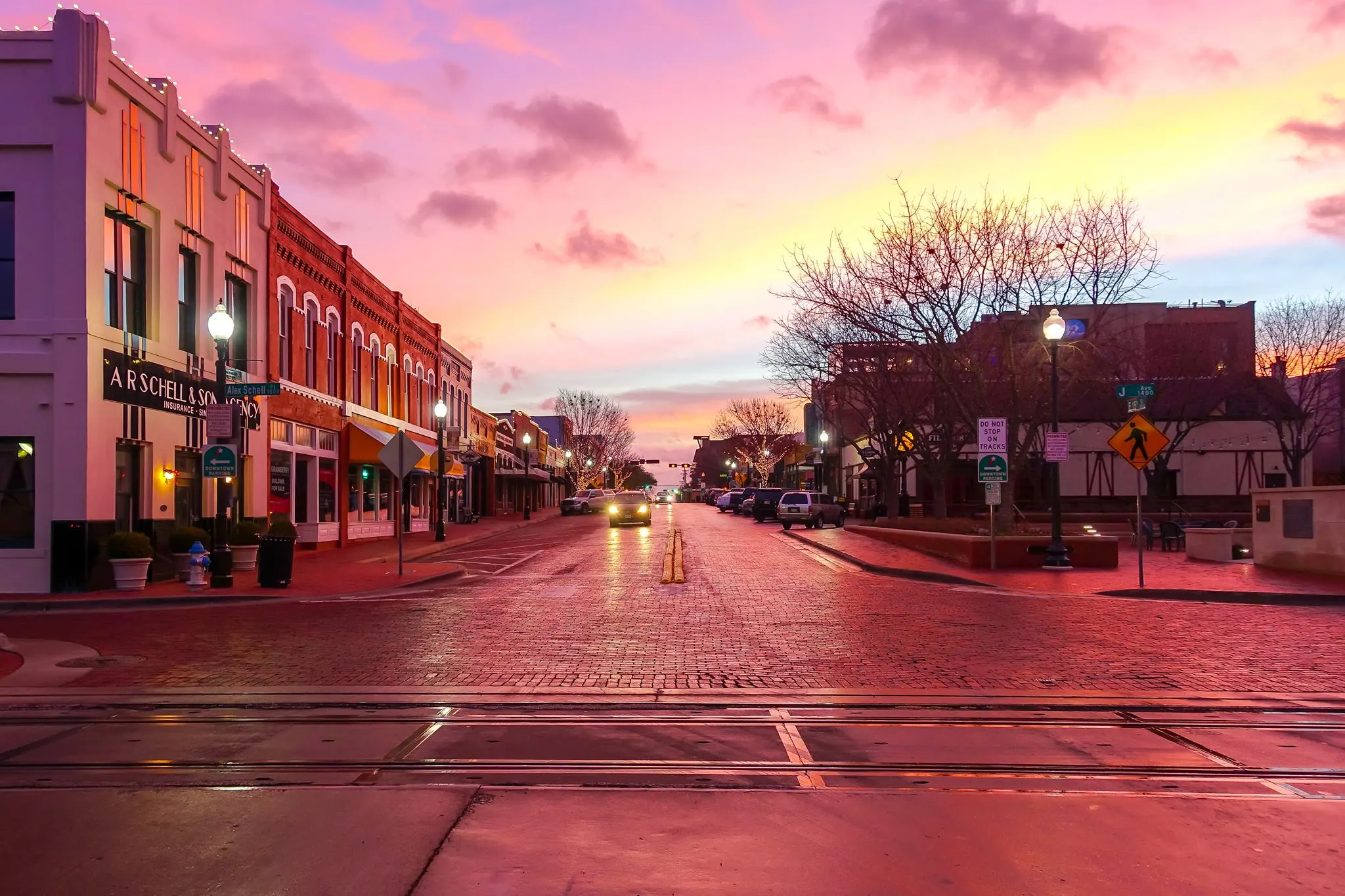 15th Street in downtown Plano at sunset